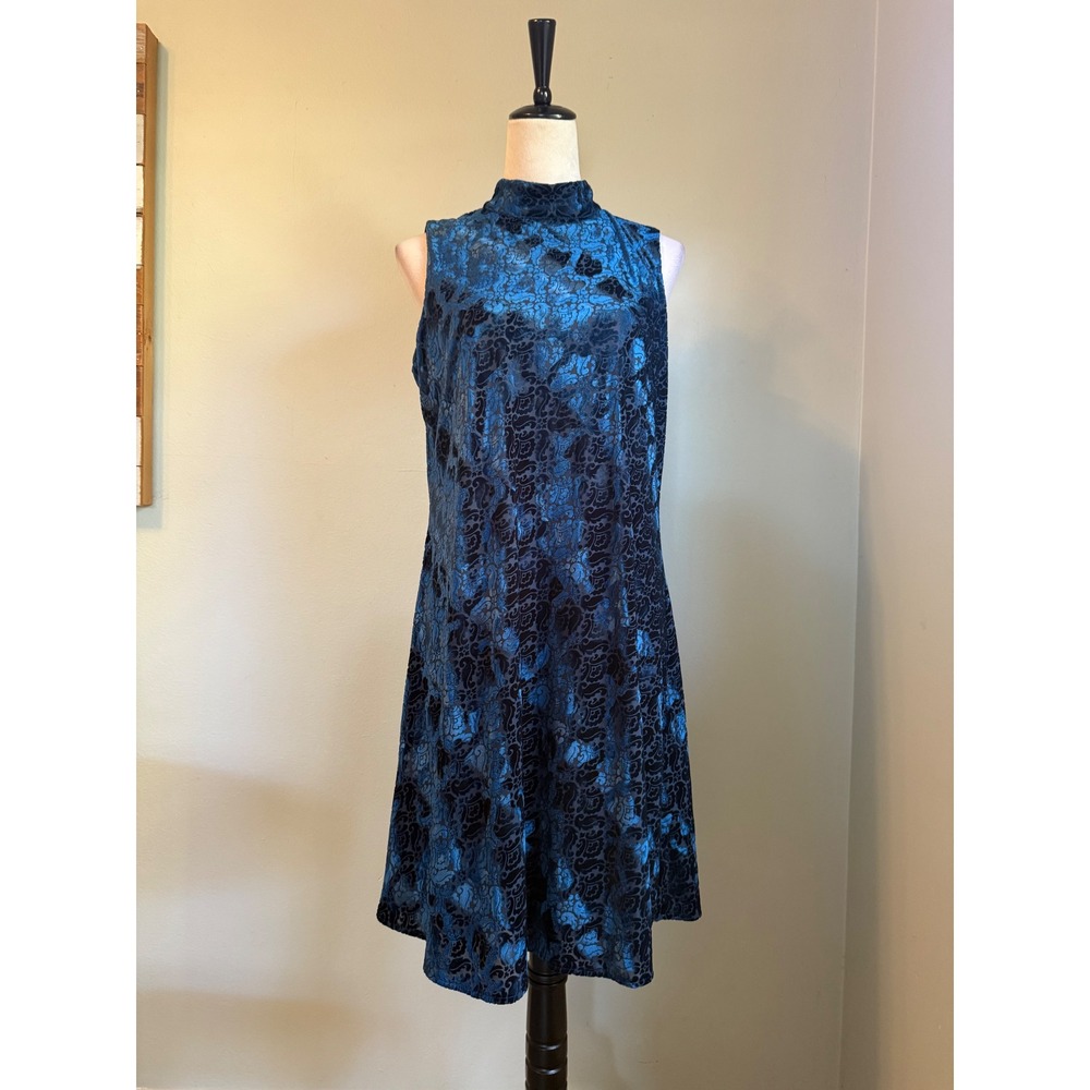 Chico's Blue Black Burnout Velvet boho whimsi Damask Mock Neck Shift Dress 1 M 8